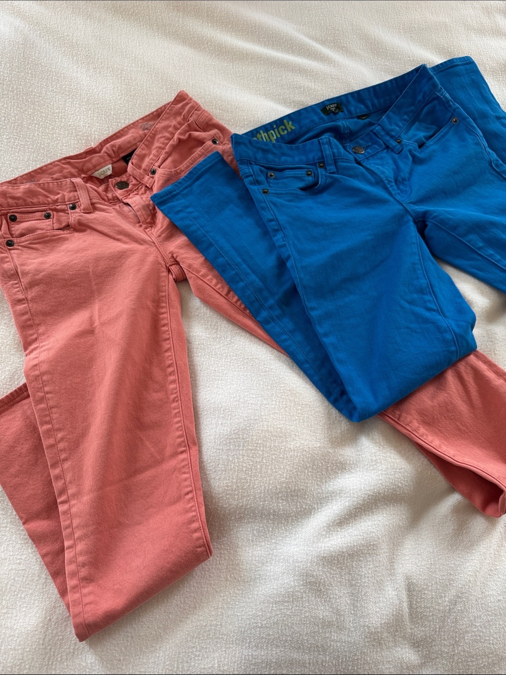 J. Crew Skinny Jeans in Coral Pink and Royal Blue